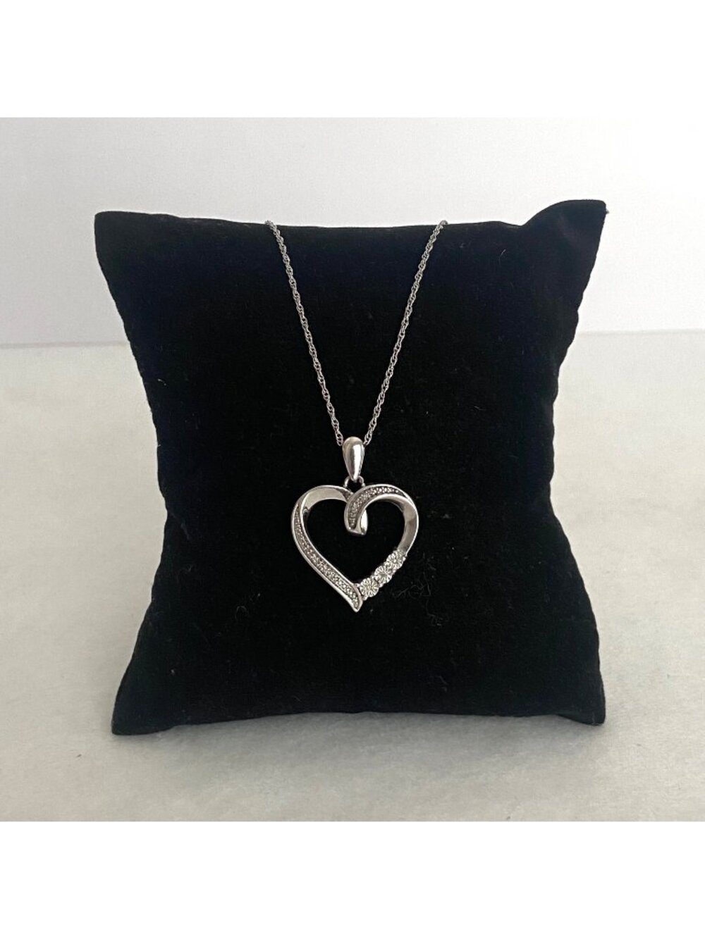 Sterling Silver 925 Diamond Open Heart Pendant Necklace 18" Chain